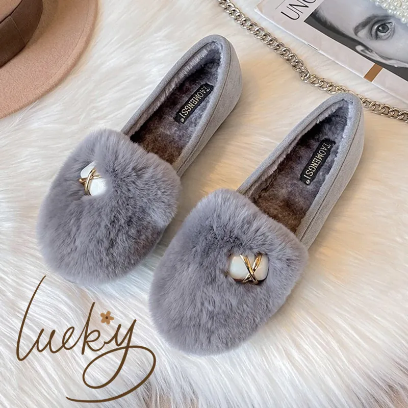 Women Warm Plush Loafers Winter Faux Rabbit Fur Flat Moccasins Pearl Metal Buckle Cozy Slip-on Cotton Shoes Casual Footwear