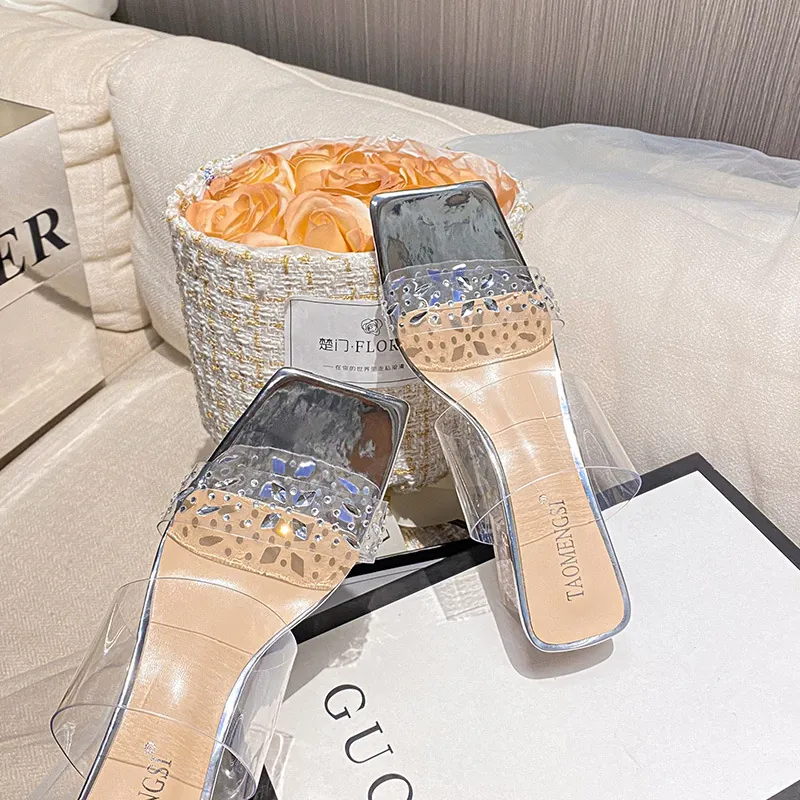 Damen Mode Quadratische Zehe Strass Transparent PVC Blockabsatz Sandalen Elegante Klare Riemen Slipper Für Party Dating