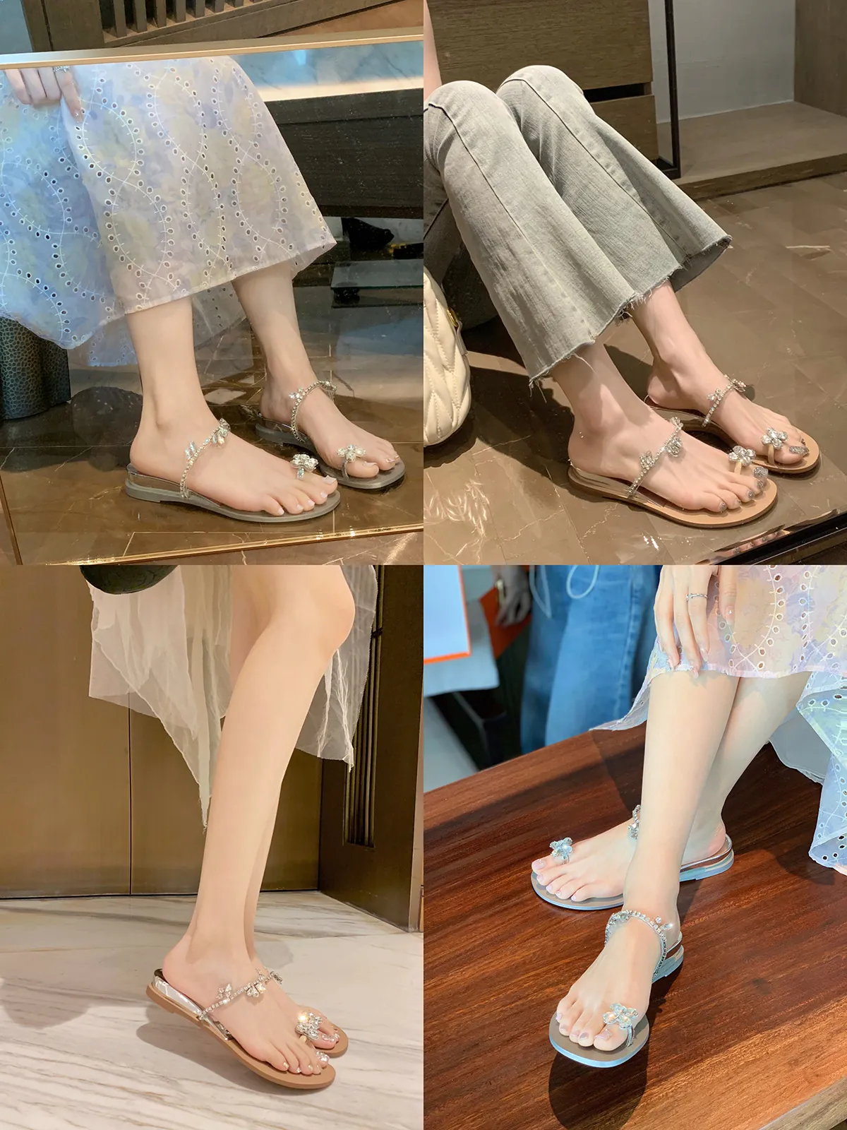 Damen Mode Strass Blume Keilabsatz Zehentrenner Sandalen Mikrofaser Weiche Sohle Flip Flops Sommer Lässig Party Strand Hochzeit Schuhe