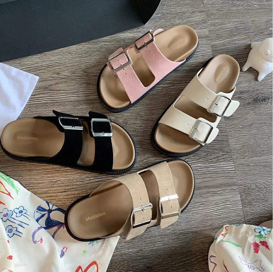 Women's Double Buckle Platform Sandals Leather Slides Round Toe Beach Slippers Casual Outdoor Summer Shoes For Ladies