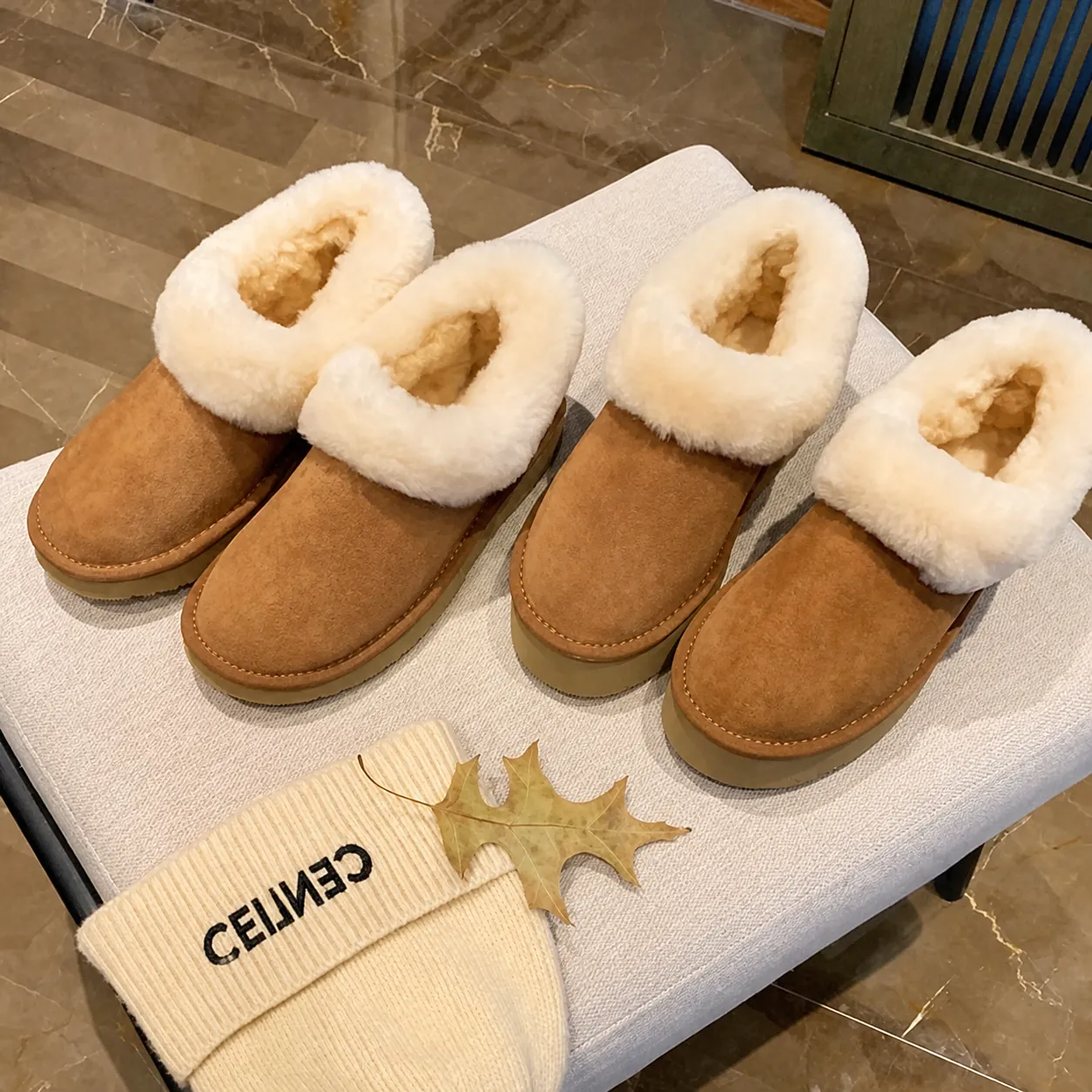 Women's Real Leather Snow Boots Warm Plush Faux Fur Lined Slip On Platform Winter Shoes Chestnut Low Top Outdoor Walking