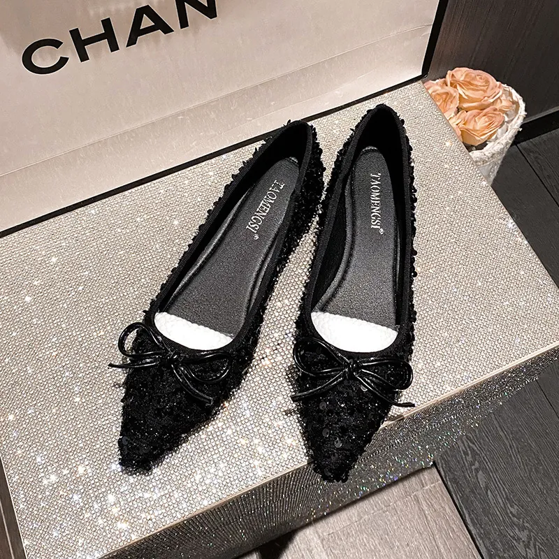 Zapatos Planos con Punta de Lentejuelas para Mujer Elegantes Bailarinas con Lazo Negro Suela Suave y Cómoda Zapatos de Fiesta