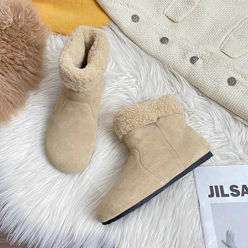 Damen Echtes Leder Schneestiefel Warm Kunstfell Gefüttert Kurzstiefel Flach Rund Zehen Casual Winter Outdoor Stiefeletten