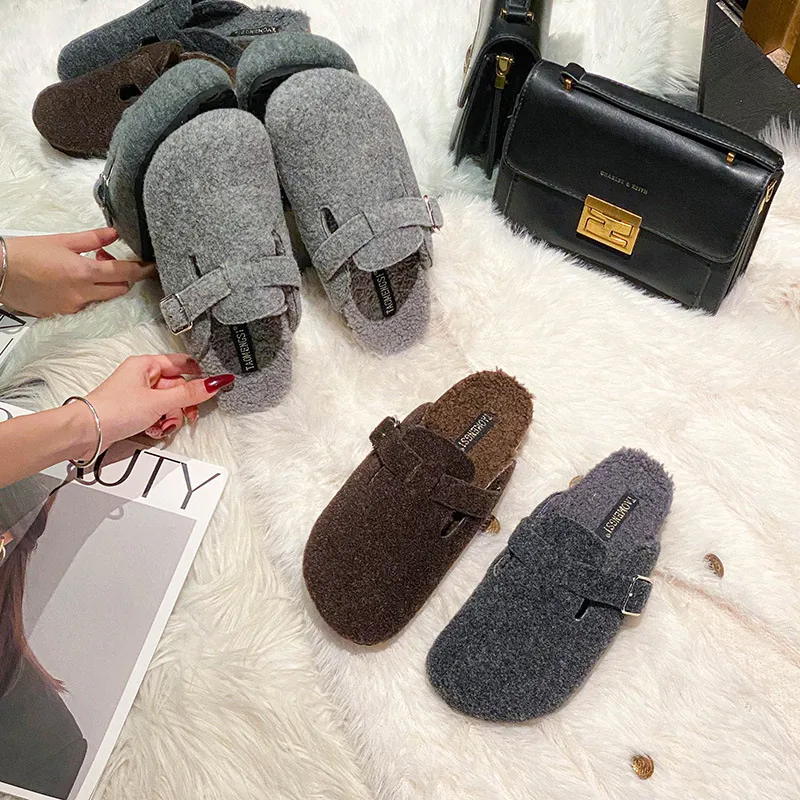 Damen Filz Clogs Kunstfell Gefüttert Mules Verstellbare Metallschnalle Warme Winter Pantoffeln Lässig Korksohle Schuhe
