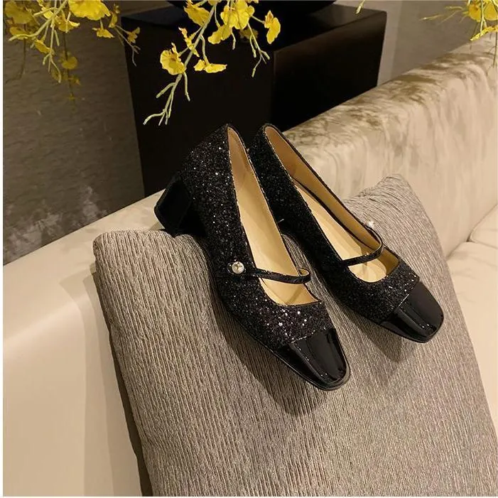 Zapatos de Salón Mary Jane Elegantes para Mujer Tacón de Bloque Purpurina Charol Punta Cuadrada Zapatos con Correa de Perlas