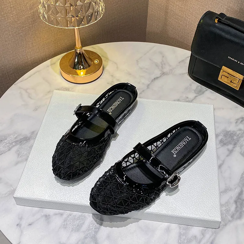 Women Mesh Mary Jane Flat Shoes Breathable Hollow Out Round Toe Mules Casual Microfiber Slip On Walking Footwear