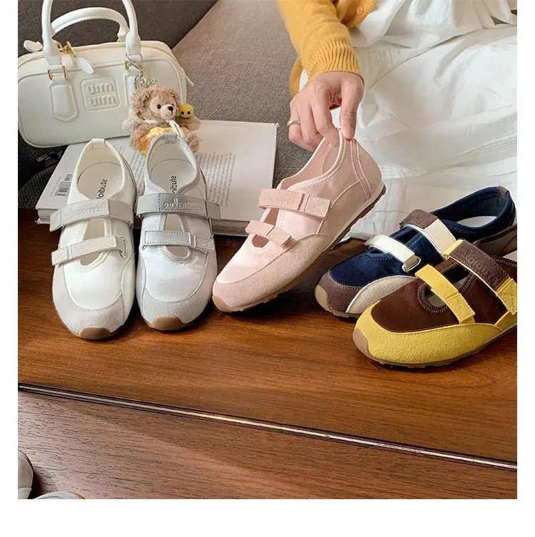 Damen Sportlich Mary Jane Ballerinas Retro Color-Blocking Echtes Rindsleder Satin-Stoff Atmungsaktiv Doppelter Klettverschluss Weiche Sohle Freizeit Wanderschuhe