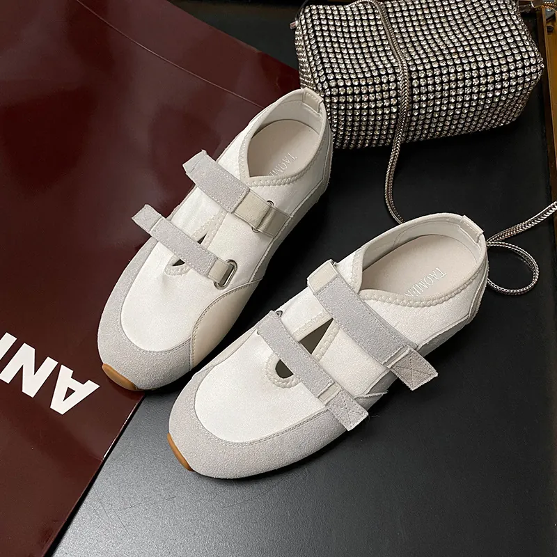 Sneaker Casual Mary Jane da Donna Retro Blocchi di Colore in Pelle di Mucca Microfibra Scarpe Basse Doppio Strappo Leggere Comode Suola in Gomma