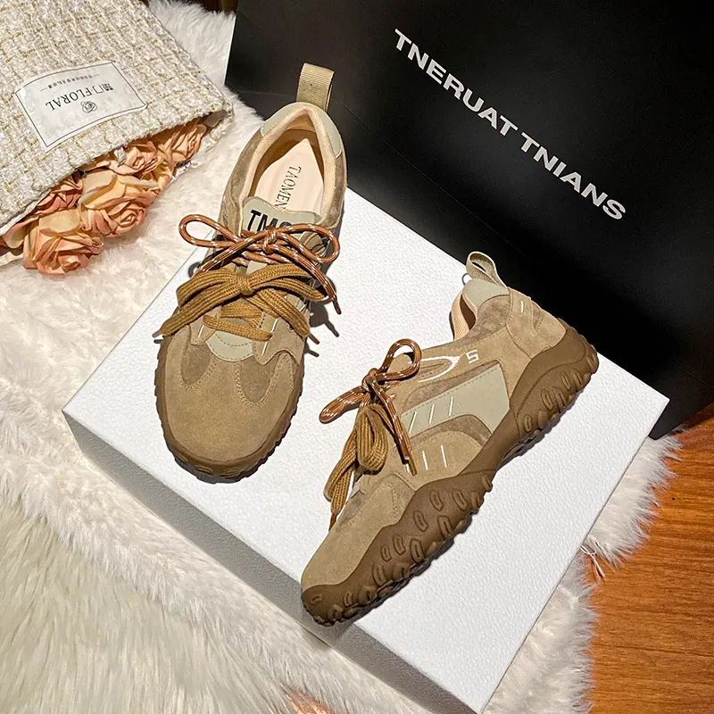 Sneaker da Donna in Vera Pelle con Suola Spessa e Plateau Retro Casual Aumento dell'Altezza Antiscivolo Scarpe alla Moda Cachi Marrone Albicocca
