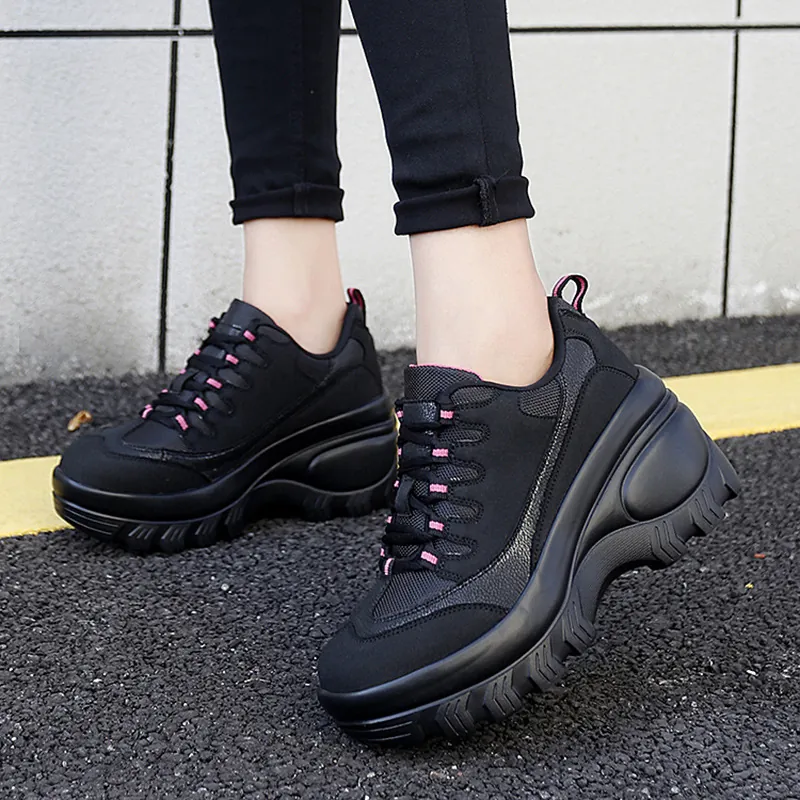 Dames Chunky Sneakers Plateau Dad Schoenen Hoogteverhogend Ademend Mesh Patchwork Casual Outdoor Wandelen Schoeisel Zwart Rood