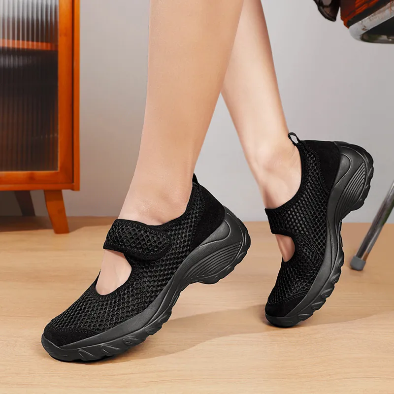 Damen Mary Jane Freizeitschuhe Atmungsaktiv Mesh Schweinswildleder Dicke Sohle Sneaker Klettverschluss Leichte Gehschuhe