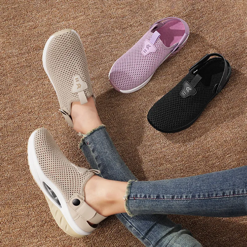 Women's Breathable Mesh Slip-On Sandals Casual Thick Sole Air Cushion Two-Way Wear Outdoor Sporty Lazy Summer Shoes