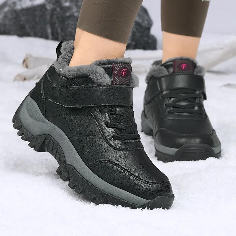 Bottes de Neige d'Hiver Cuir Microfibre Imperméable Antidérapant Bottes de Randonnée Doublées Peluche Chaussures Chaudes Velcro