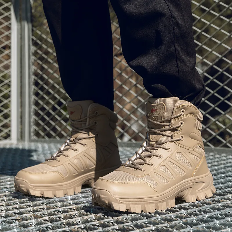 Ανδρικές Υπαίθριες Τακτικές Μπότες Εργασίας Αντιολισθητικά Αναπνεύσιμα Παπούτσια Πεζοπορίας High Top Casual Leather Mesh Patchwork Sneakers για Άνδρες