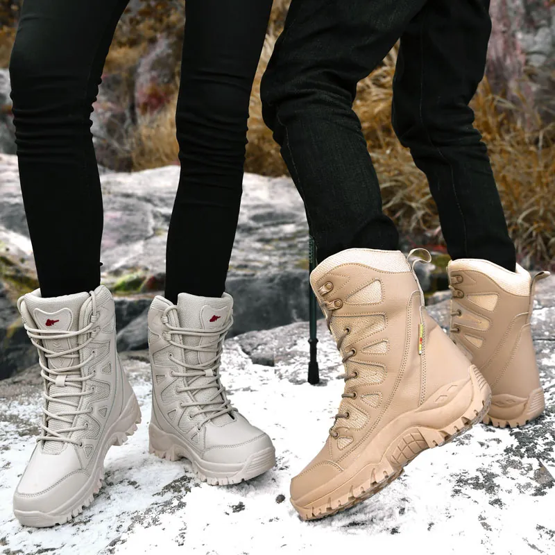 High Top Tactical Combat Boots PU Leather Mesh Breathable Hiking Boots Anti-Slip Rubber Sole Outdoor Trekking Shoes For Men Women