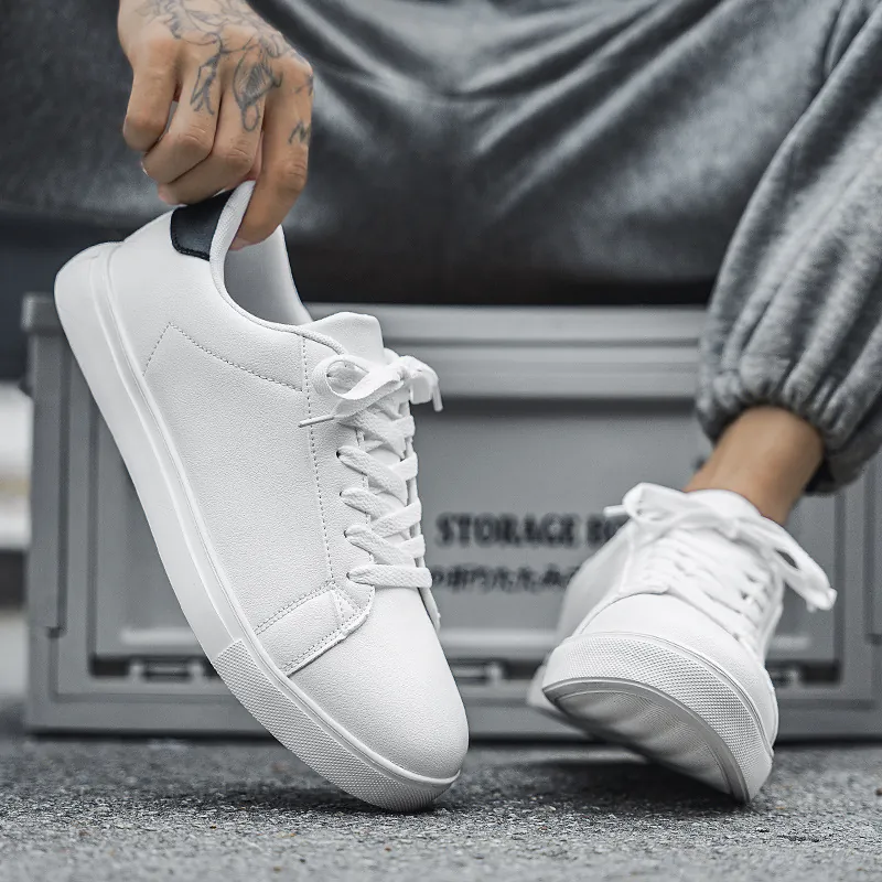 Men's Casual Board Shoes Low Top Sneakers Synthetic Leather Solid Color Wear Resistant Non Slip Rubber Sole Fashion Walking Shoes For Men