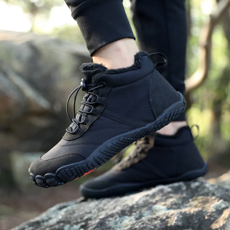 Waterproof Outdoor Hiking Shoes Winter Warm Thickened Plush Lined Snow Boots Men Women Barefoot Style Anti-Slip Rubber Sole