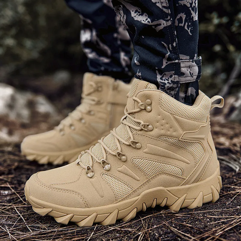 Men's Lightweight Tactical Combat Boots Breathable Hiking Shoes Non-Slip Outdoor Training Boots With Side Zipper Cattle Suede Mesh