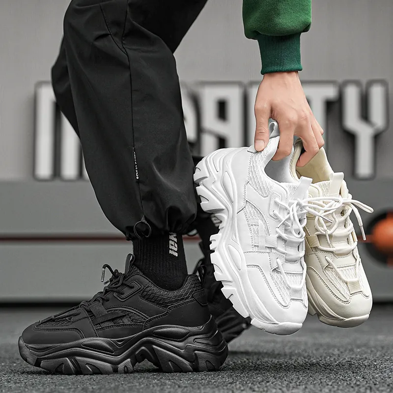 Men Fashion Chunky Sneakers Thick Sole Breathable Mesh PU Leather Patchwork Low Top Casual Sports Shoes Retro Dad Shoes