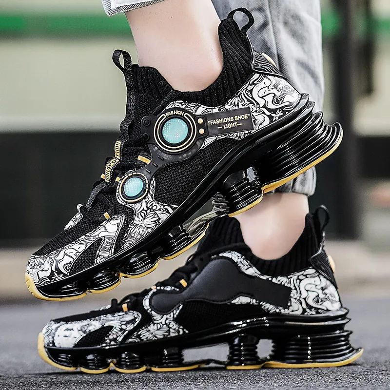Men Casual Sports Shoes Lightweight Breathable Fly-knit Mechanical Blade Sole Cushioning Fashion Sneakers Streetwear Walking Shoes