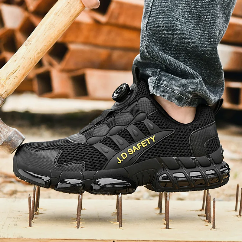 Steel Toe Safety Shoes Men Women Breathable Mesh Work Sneakers Anti-Puncture Kevlar Midsole Rotation Buckle Black