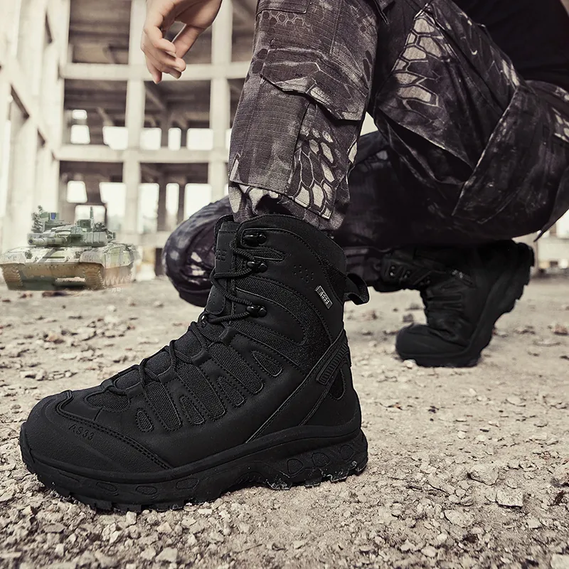 Men's High-top Tactical Boots Outdoor Hiking Shoes With Side Zipper Faux Leather Oxford Mesh Breathable Combat Military Training Boots Anti-slip Rubber Sole
