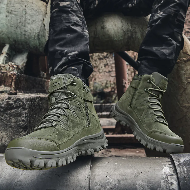 Men High-Top Tactical Combat Boots Outdoor Hiking Desert Shoes With Side Zipper Anti-Slip Wear-Resistant Work Boots