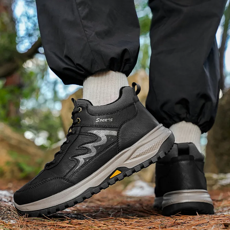 Men Outdoor Hiking Shoes Winter Warm Fleece Lined Walking Sneakers Non-Slip Thick Sole Casual Athletic Shoes For Middle Aged