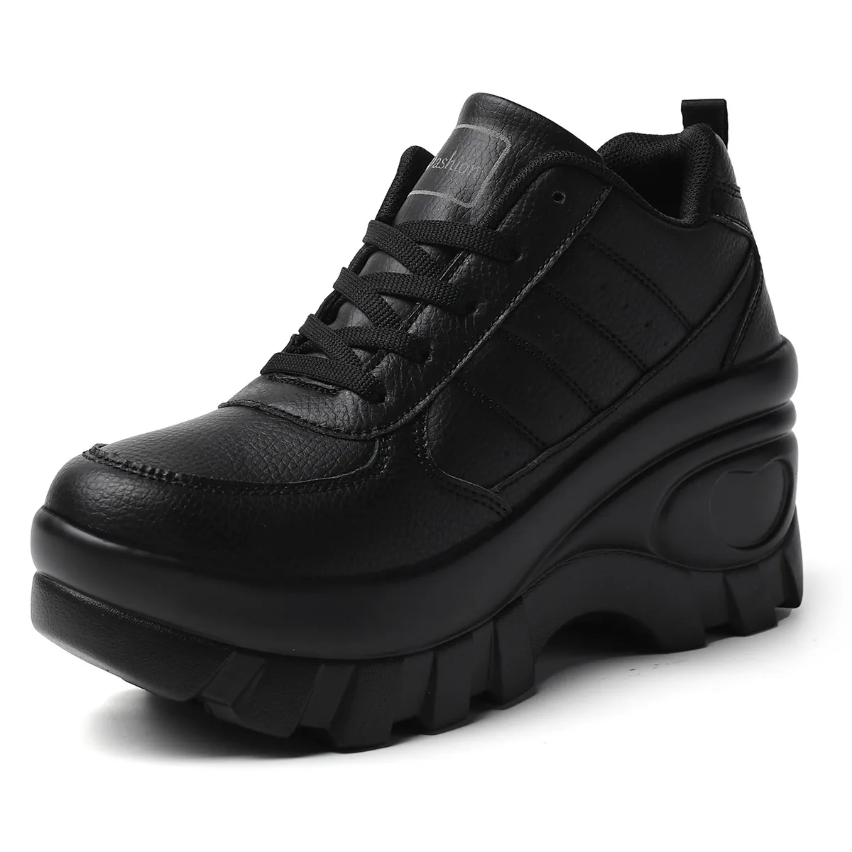Women Fashion Platform Sneakers Breathable Mesh Height Increasing High Sole Casual Walking Shoes Heart Decor Black White