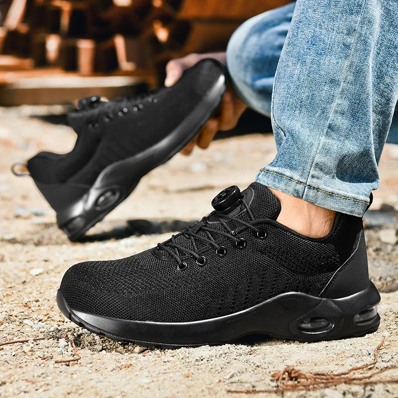 Safety Shoes Steel Toe Anti-smash Puncture Proof Work Sneakers With Rotary Buckle Air Cushion Breathable Flyknit For Men Women