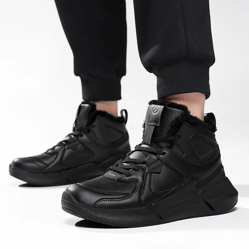 Men High Top Fleece Lined Winter Outdoor Sports Shoes Warm Shock Absorbing Non Slip Leather Sneakers Cotton Boots