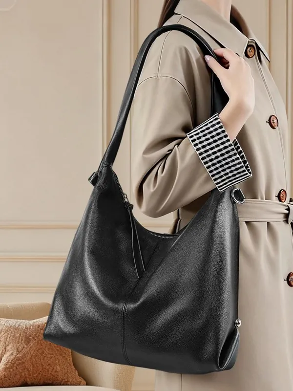Women Genuine Leather Tote Bag Large Capacity Hobo Shoulder Bag With Adjustable Strap Solid Color Commuting Underarm Bag