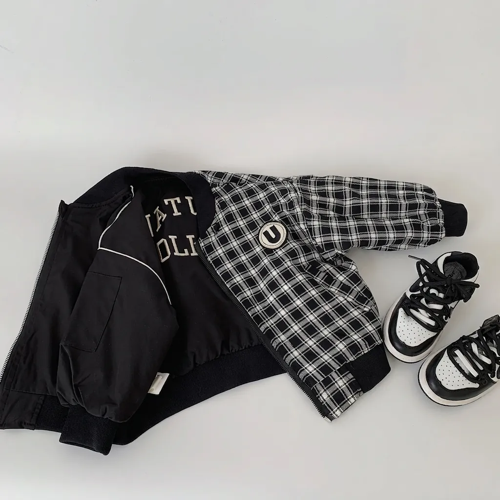Boys Casual Reversible Bomber Jacket Polyester Cotton Black White Gingham Embroidered Letter Spring Autumn Children Coat