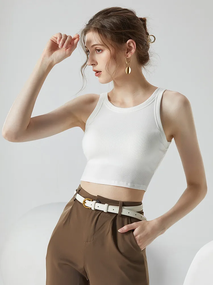 Débardeur Court Nervuré Femme Soutien-gorge Intégré Coussinets Fixes Viscose Dos Nageur Sans Manches Été Casual Sport Yoga