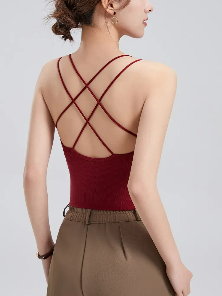 Débardeur Femme Sexy Dos Croisé Nervuré Coussinets Intégrés Coupe Ajustée Haut Court Sans Manches Streetwear