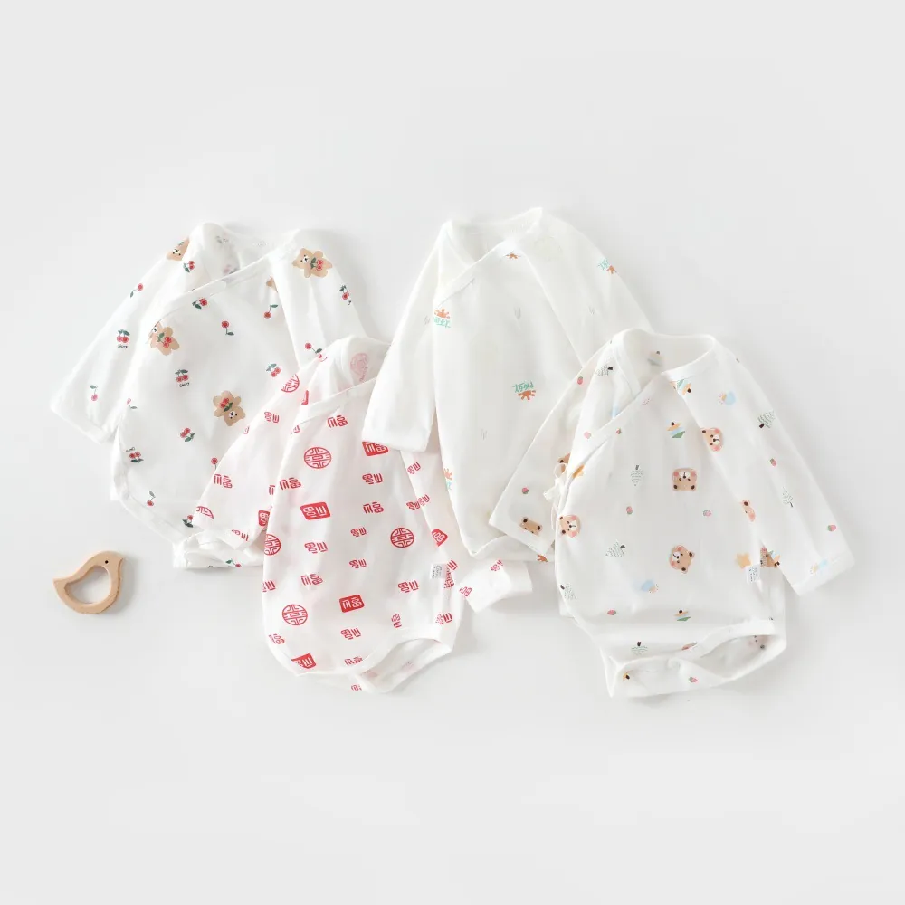 Newborn Baby Cotton Long Sleeve Side Tie Romper Thin Summer Infant Triangle Jumpsuit With Cartoon Bear Cherry Sun Pattern
