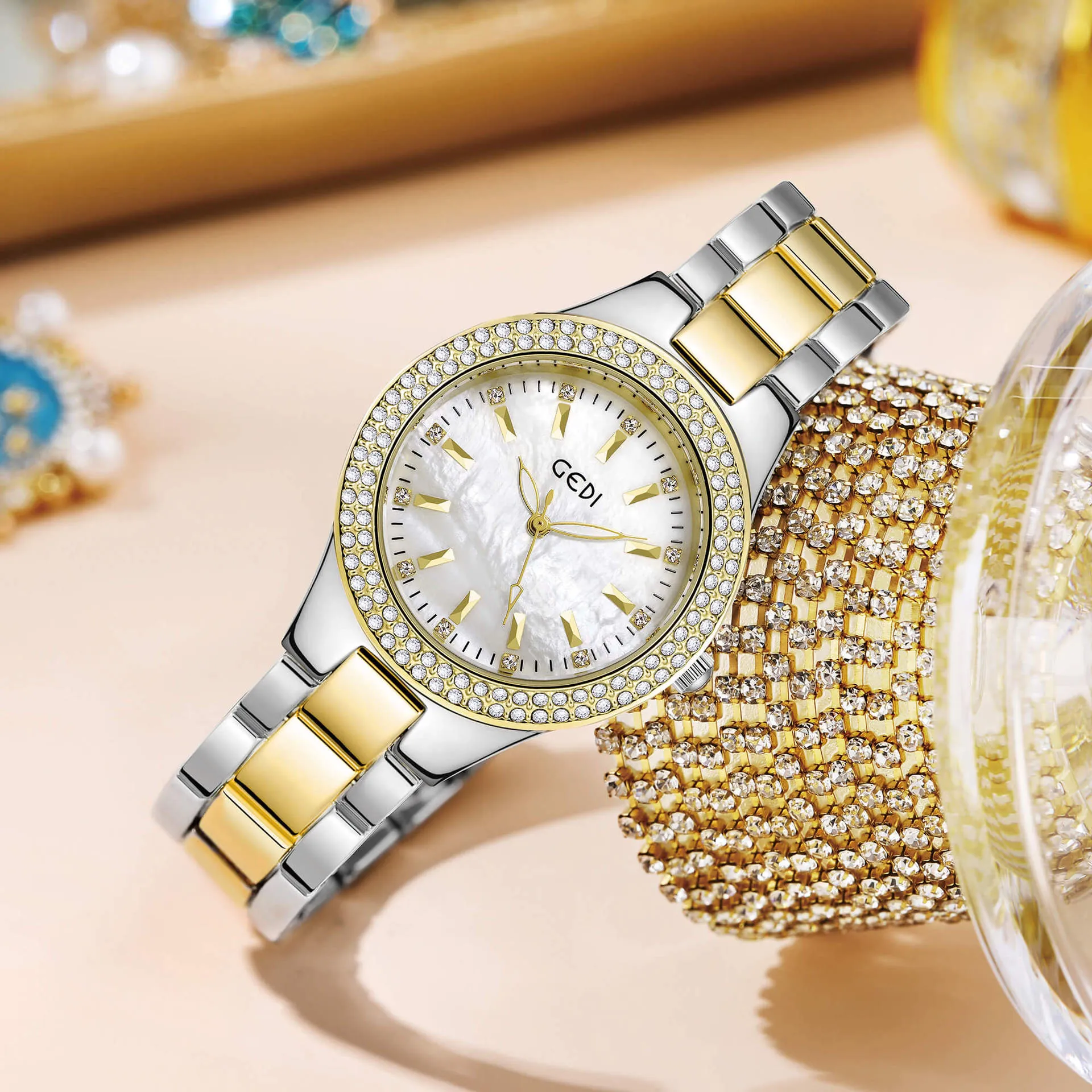 Montre À Quartz Pour Femme Étanche Lunette En Strass Cadran En Nacre Bracelet En Acier Inoxydable Élégante Mode