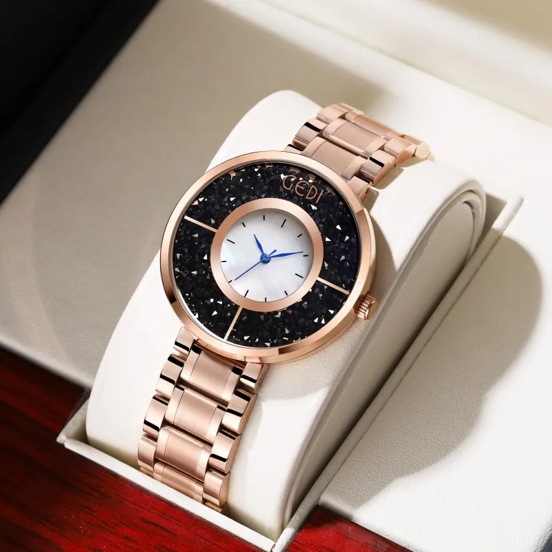 Montre Quartz Femme Mode Bracelet Acier Inoxydable Cadran Nacre Strass Fluides Scintillants Élégante Montre Bracelet