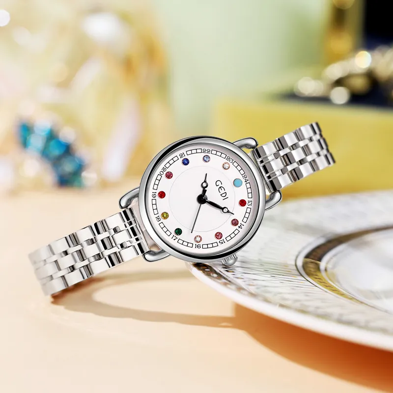 Orologio Donna Quarzo Cinturino Acciaio Inossidabile Marcatori Ora Strass Colorati Impermeabile Moda Lusso Gioielli