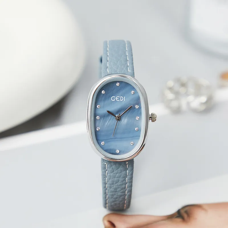 Damen Quarzuhr Ovales Perlmutt Zifferblatt Lederarmband Wasserdicht Elegante Mode Armbanduhr Straßsteine