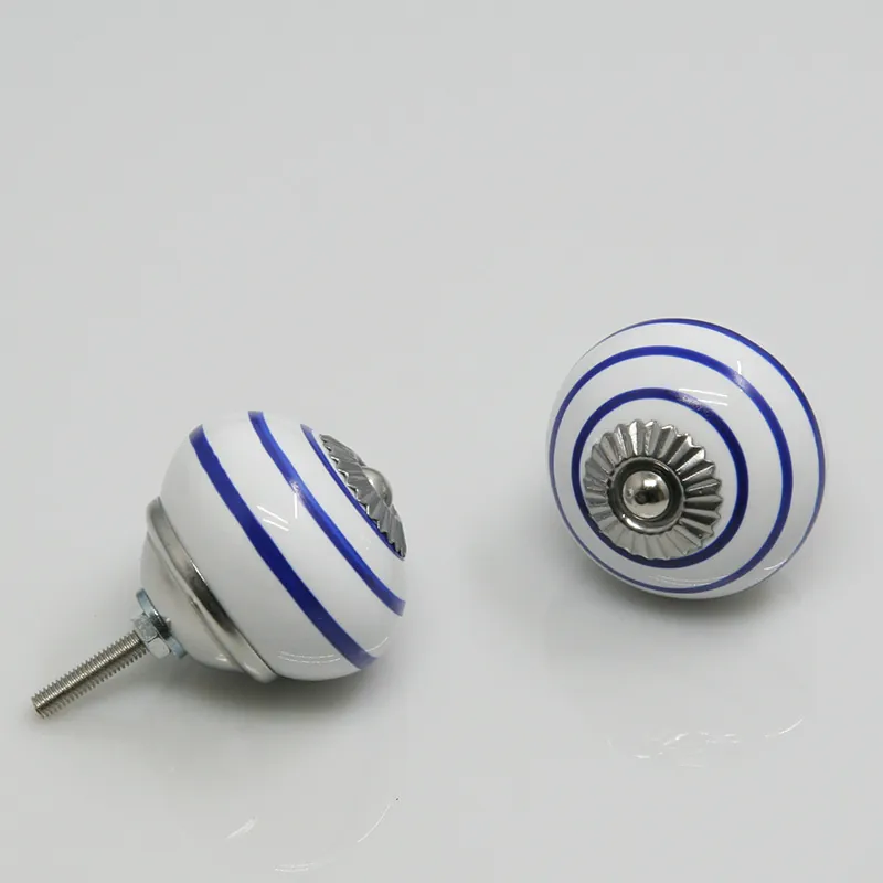 Modern Minimalist Ceramic Cabinet Knobs Hand Painted Blue Striped Round Drawer Pulls With Metal Base Furniture Handle For Cupboard Wardrobe