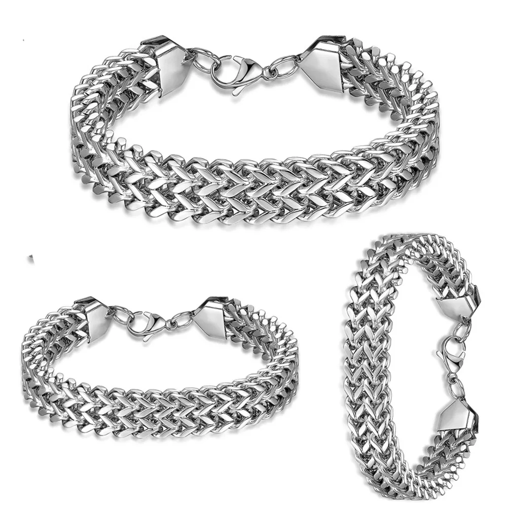 Bracelet Tressé en Acier Inoxydable Hip Hop pour Hommes Femmes Punk Double Maille Épi Figaro Box Bijoux Accessoires