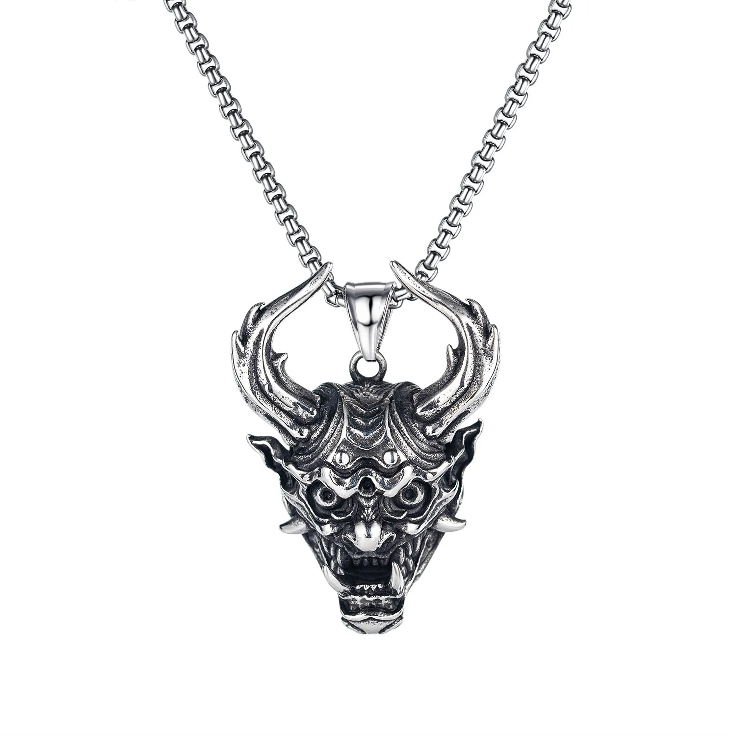 Retro Stainless Steel Hannya Mask Skull Cross Angel Wing Pendant Necklace For Men Punk Gothic Jewelry Accessory Gift