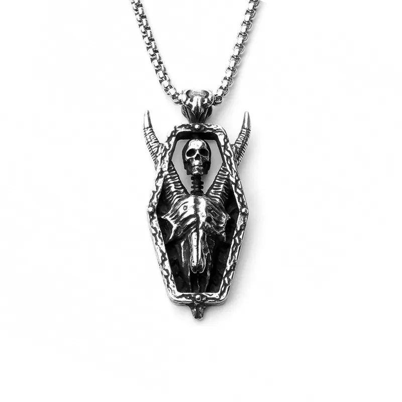 Gothic Punk Skull Pendant Necklace For Men Women Stainless Steel Box Chain Antique Silver Anchor Axe Skeleton Jewelry Gift