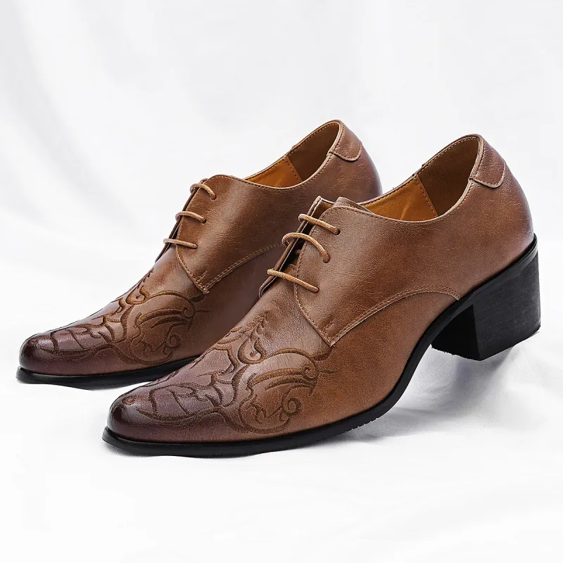 Men Vintage Cuban Shoes Artificial Leather Embroidered Floral High Heel Pointed Toe Formal Shoes For Banquet Party Wedding