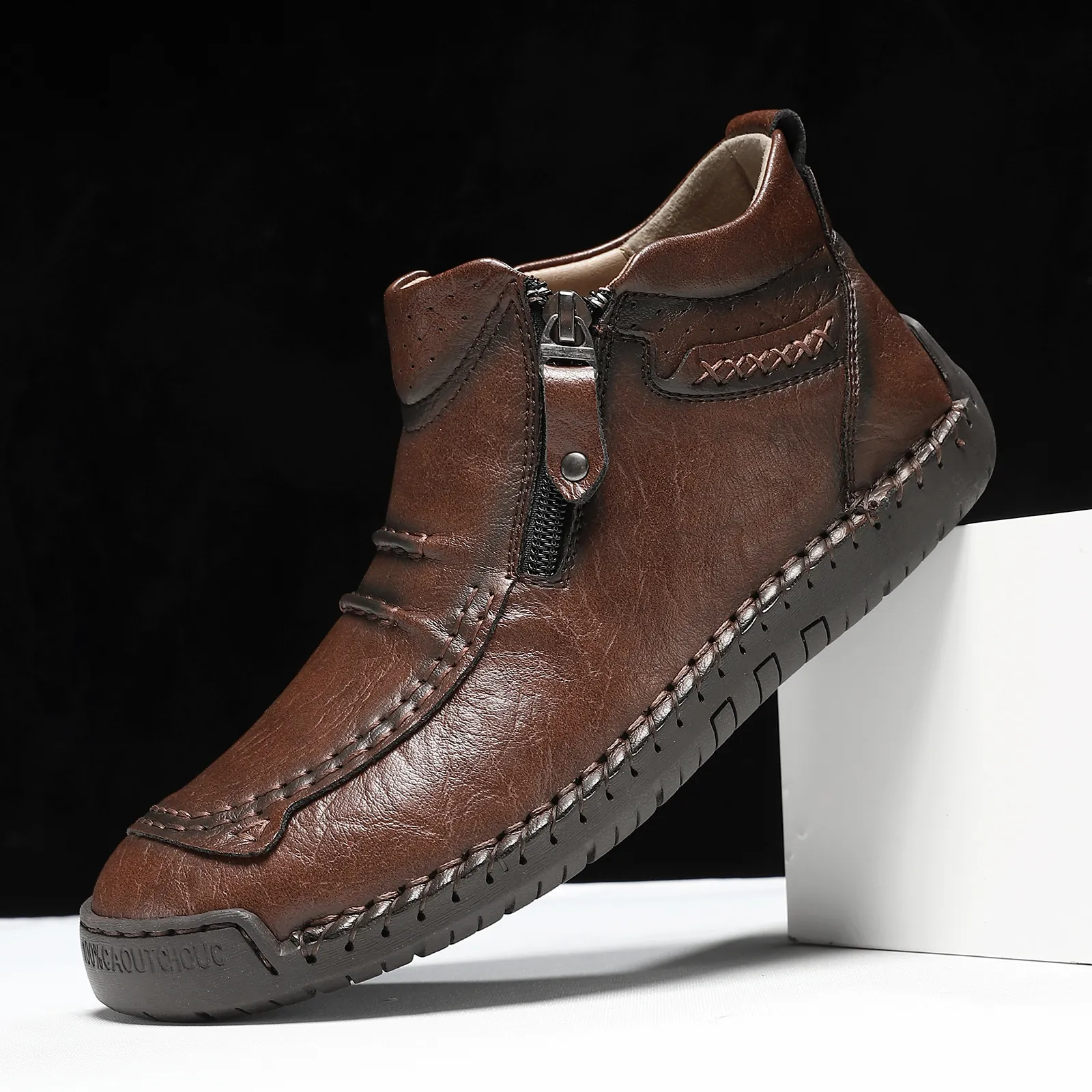 Men's British Style Casual Mid-Top Short Boots with Side Zipper Hand Stitched Breathable Microfiber Rubber Sole Flat Shoes
