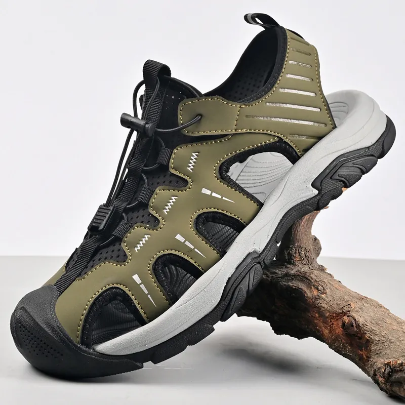 Herren Outdoor Leder Sandalen Geschlossene Zehenkappe Sport Sandalen Atmungsaktiv Strand Schuhe Schnellverschluss Rutschfeste Sohle
