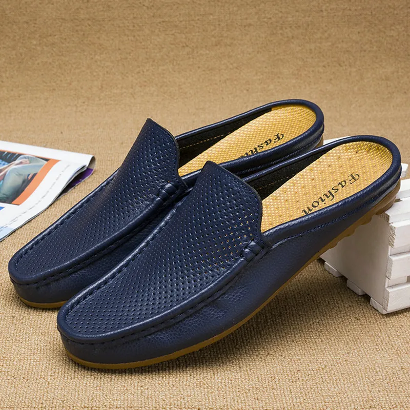 Mules Casual da Uomo in Crostina di Pelle Traforata Traspirante Punta Chiusa Pantofole Senza Lacci Suola in Gomma Antiscivolo Scarpe da Guida