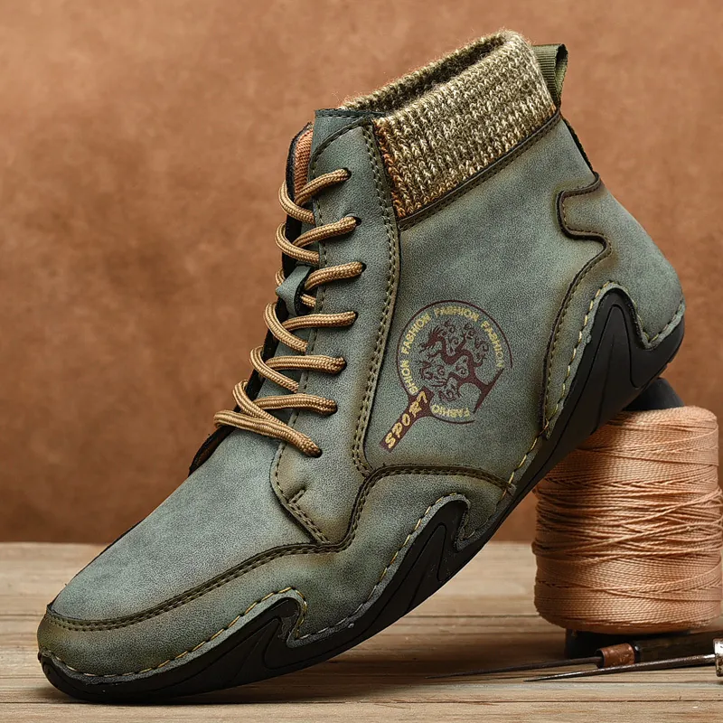 Men's Retro Martin Boots Microfiber PU Leather Knitted Patchwork High Top Casual Work Boots Non Slip Winter Warm Shoes