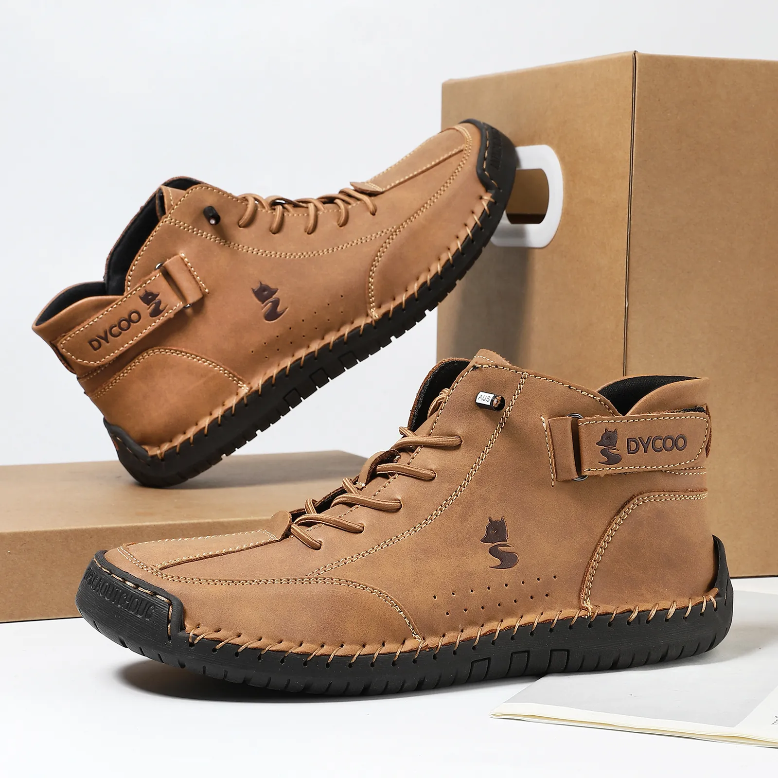 Men's High Top Martin Boots Casual Outdoor Hand Stitched Microfiber Leather Shoes Non-Slip Rubber Sole Autumn Winter Fashion Boots